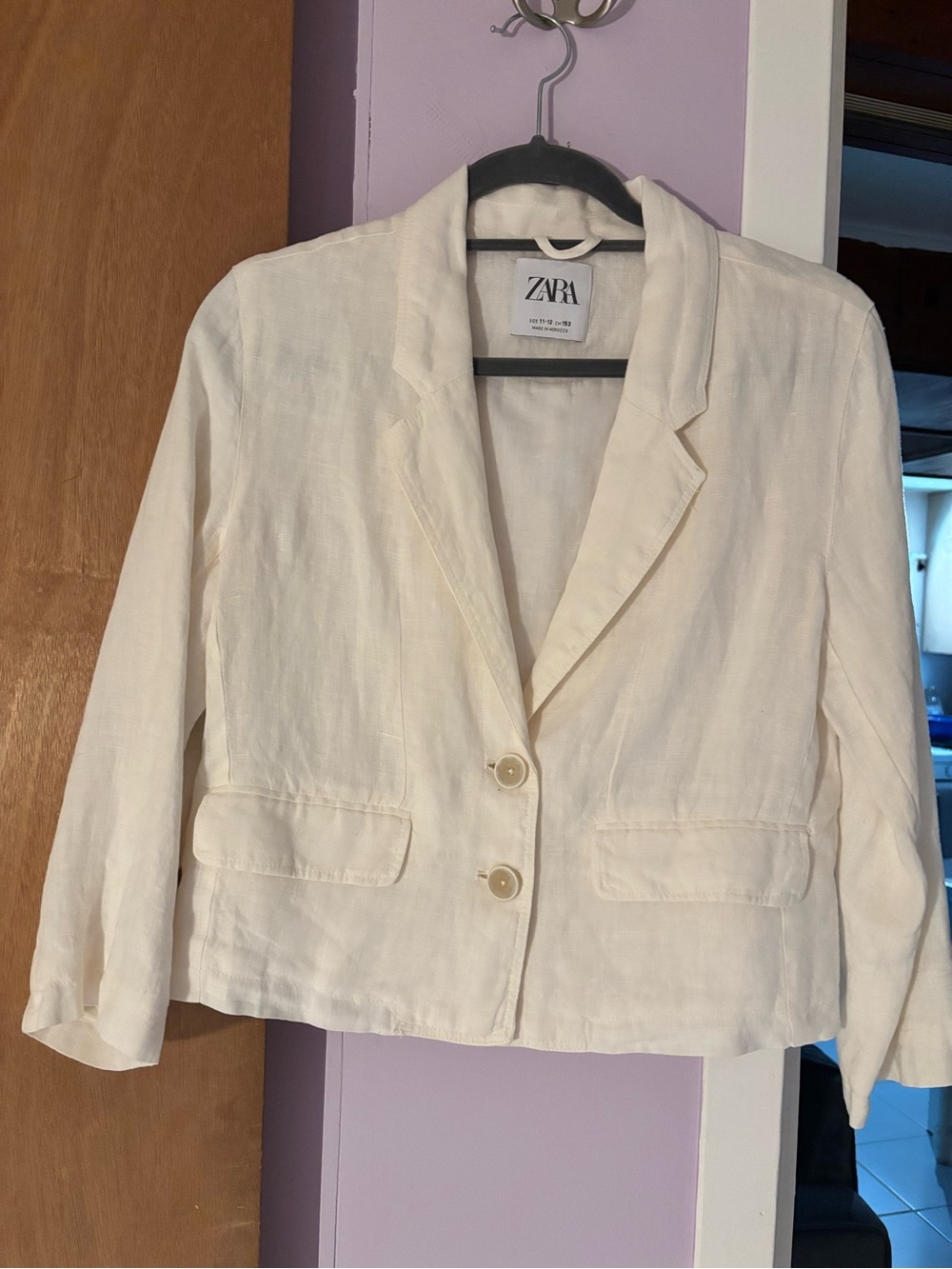 ZARA Off-White Linen-Blend Cropped Blazer size 11-12. 152cm